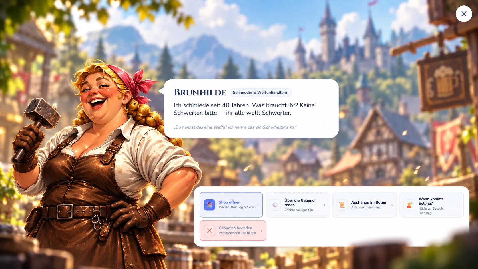 Dialog mit Brunhilde, der Schmiedin, mit Antwortoptionen