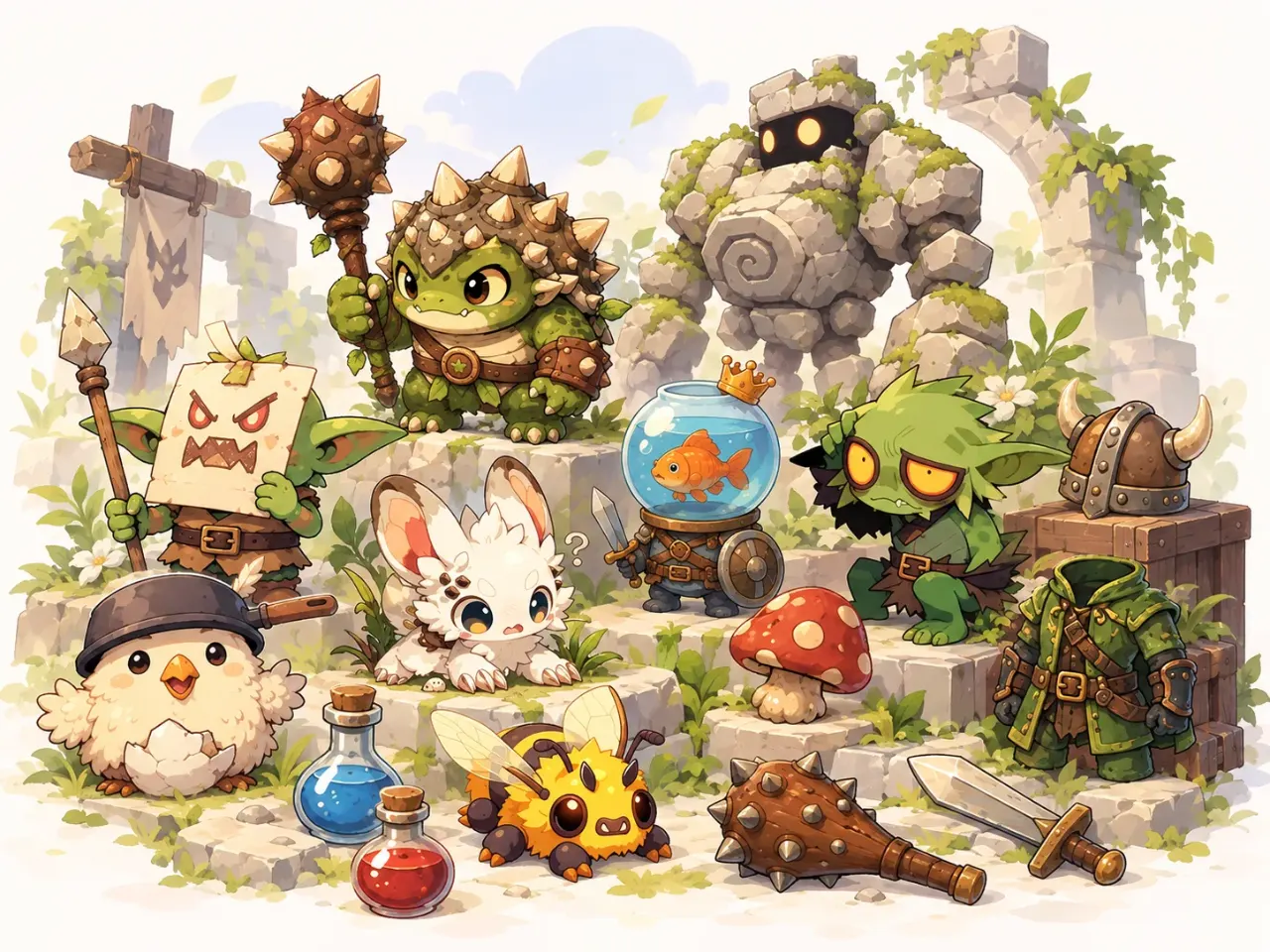Gegner, Items und Umgebungs-Assets aus dem Browsergame