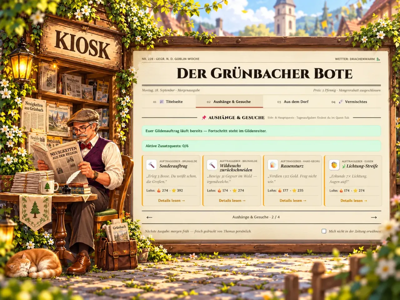UI-Entwurf der Dorfzeitung „Der Grünbacher Bote“ mit Aushängen