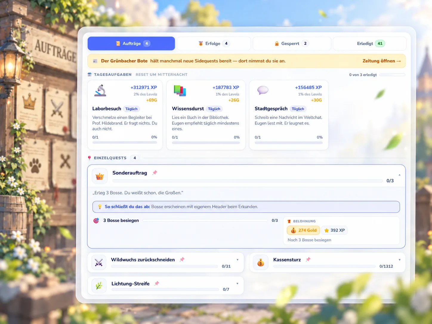 UI-Entwurf des Quest-Fensters mit Tagesaufgaben und Einzelquests