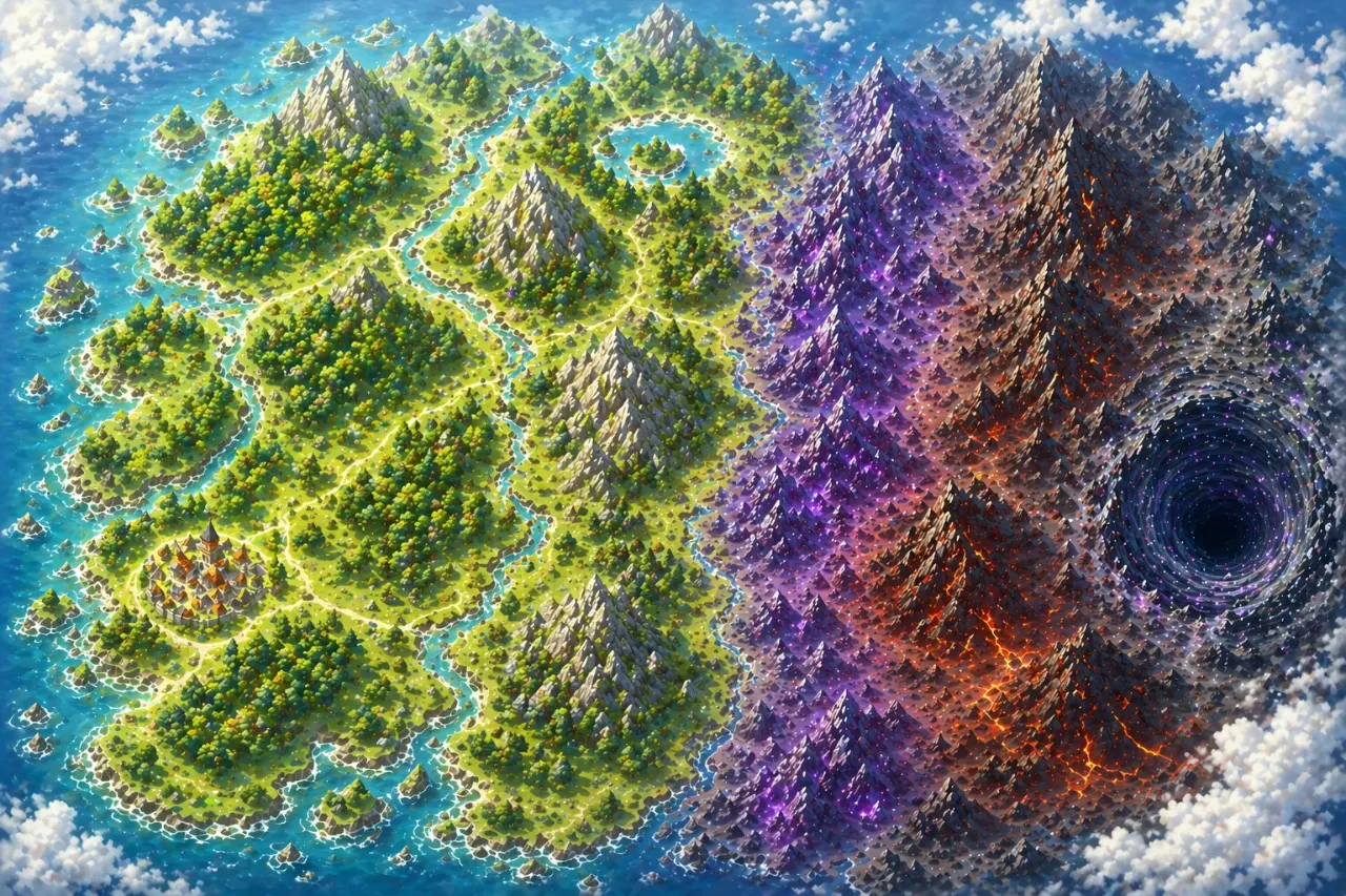 Weltkarte des Browsergames mit Wäldern, Gebirge und Portal