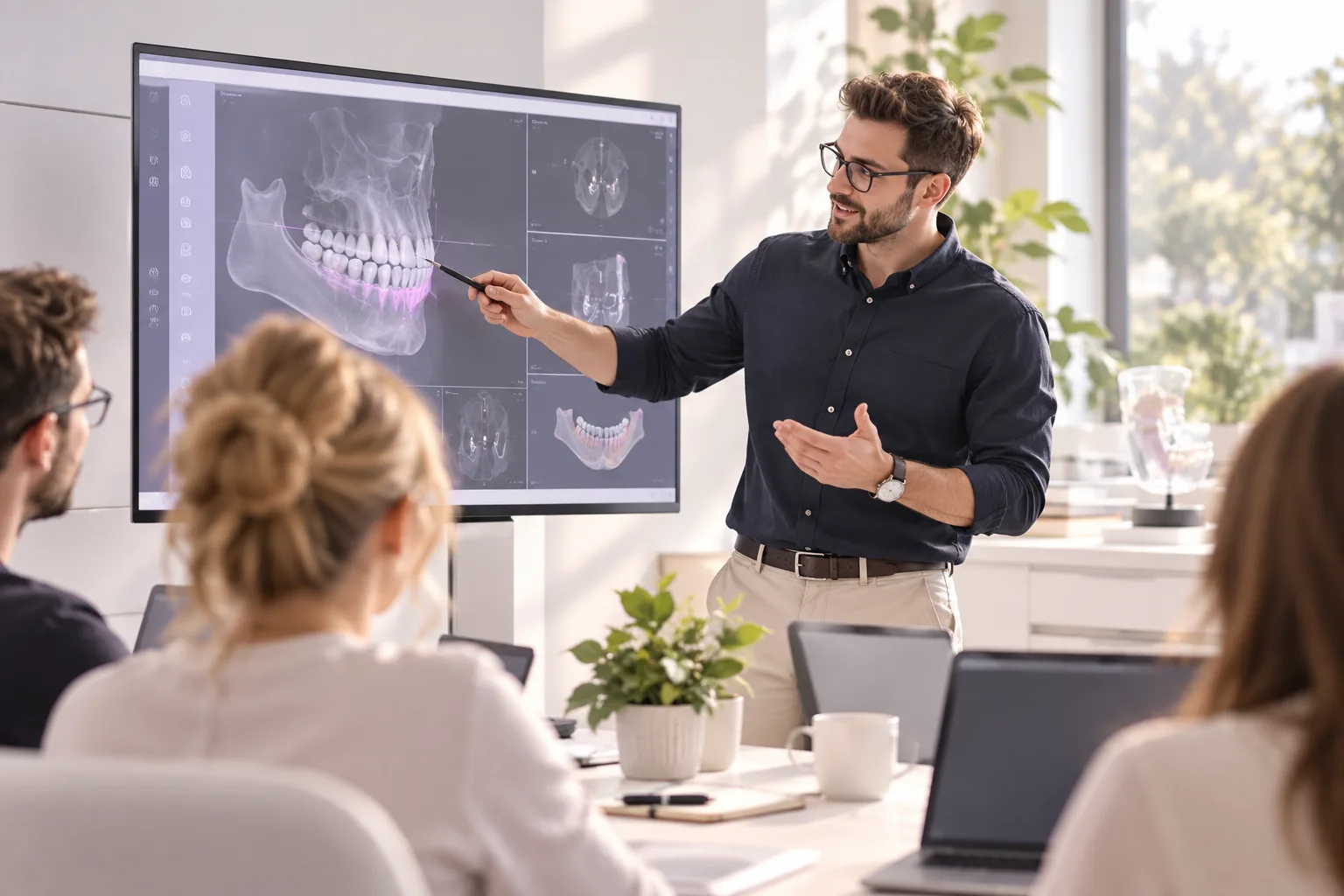 Präsenzschulung: Trainer erklärt 3D-Röntgendaten am Bildschirm
