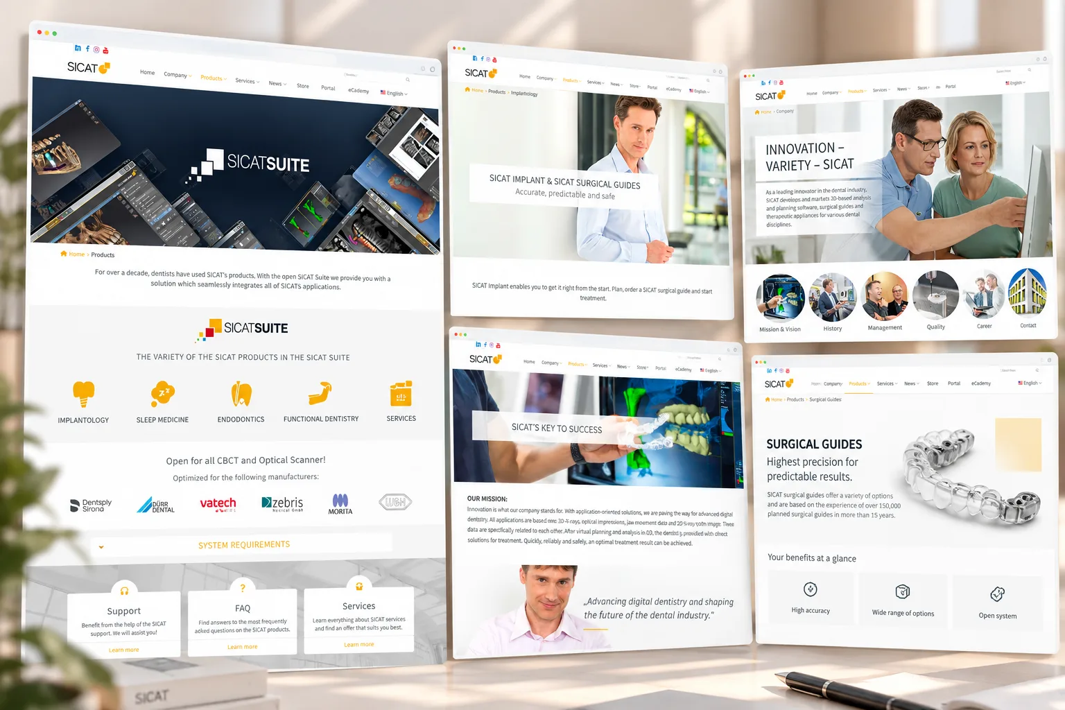 Designscreens der neuen Firmenwebsite: Produkte, Implantologie, Unternehmen, Mission und Surgical Guides