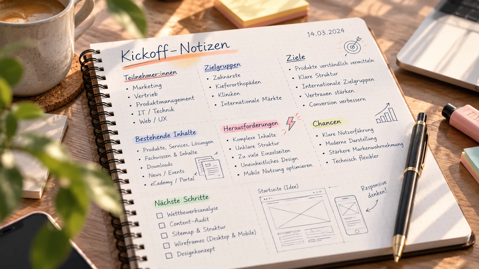 Handschriftliche Kickoff-Notizen im Notizbuch
