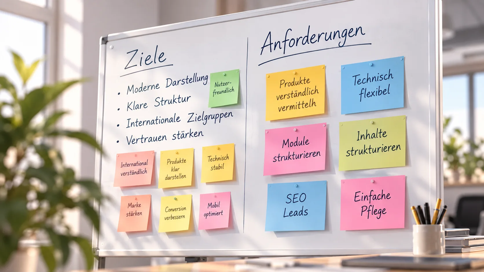 Whiteboard mit Zielen und Anforderungen auf Klebezetteln