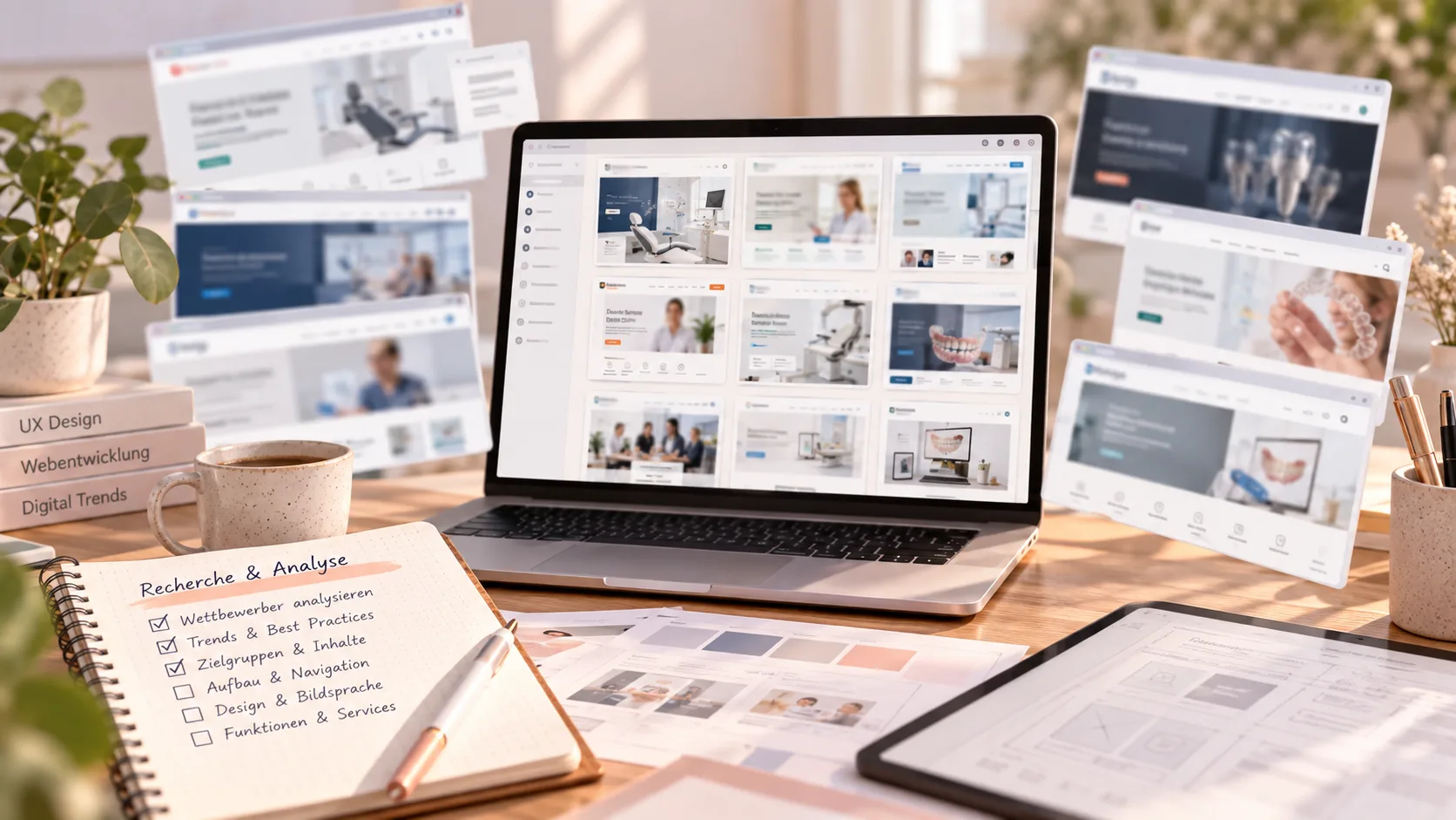 Recherche und Wettbewerbsanalyse: Website-Entwürfe auf Laptop und Notizbuch