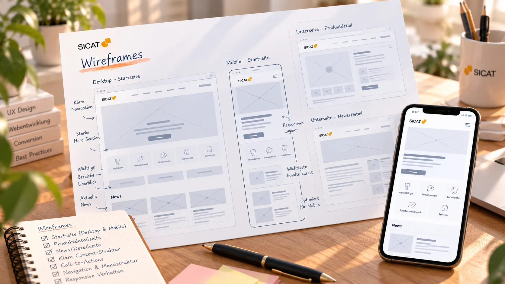Wireframes der Startseite und Unterseiten für Desktop und Mobile