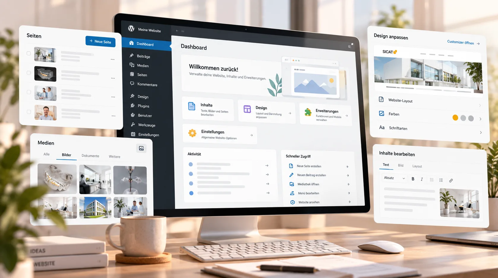 WordPress-Backend mit Dashboard, Seiten, Medien und Design-Einstellungen
