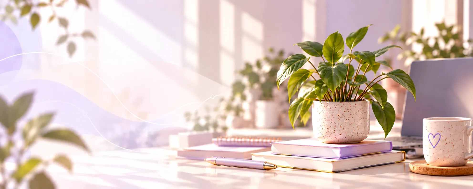 Heller Schreibtisch mit Pflanze, Büchern, Stift und Tasse im Sonnenlicht
