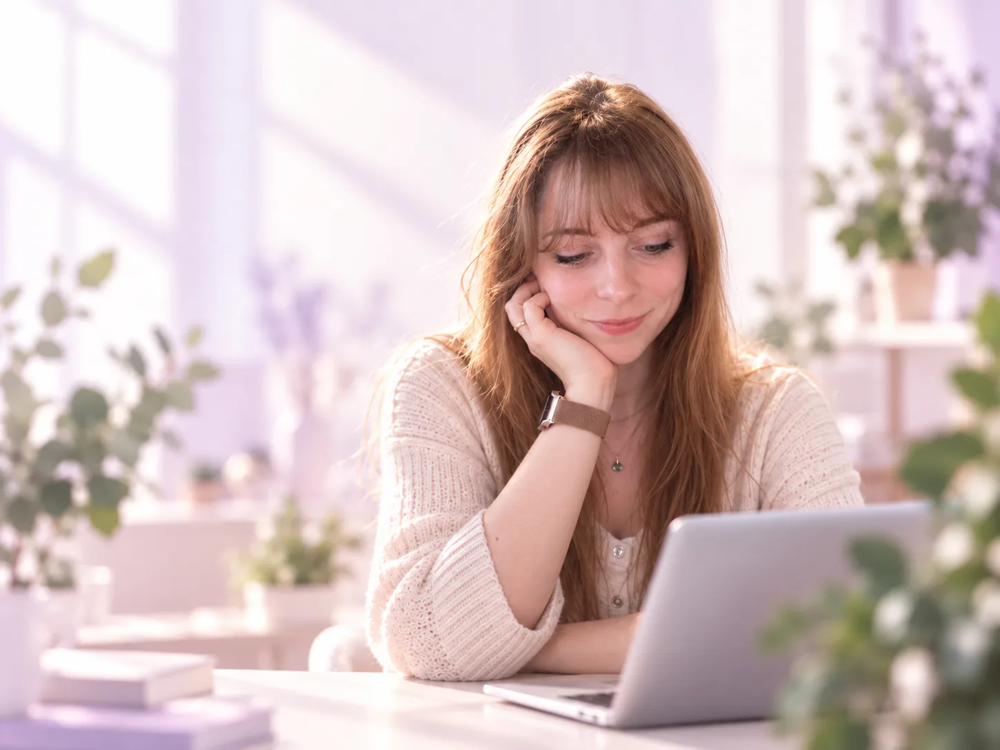 Nadine Schneider lächelt bei der Arbeit am Laptop in einem hellen Büro mit Pflanzen