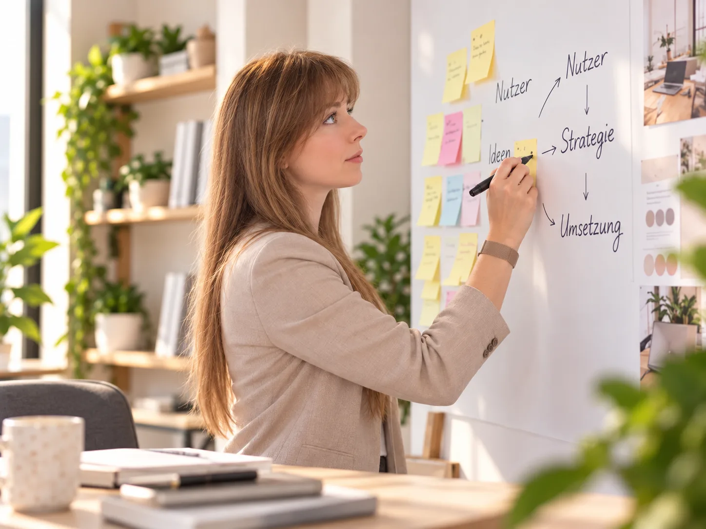 Nadine Schneider strukturiert Ideen am Whiteboard mit Post-its: Nutzer, Ideen, Strategie, Umsetzung