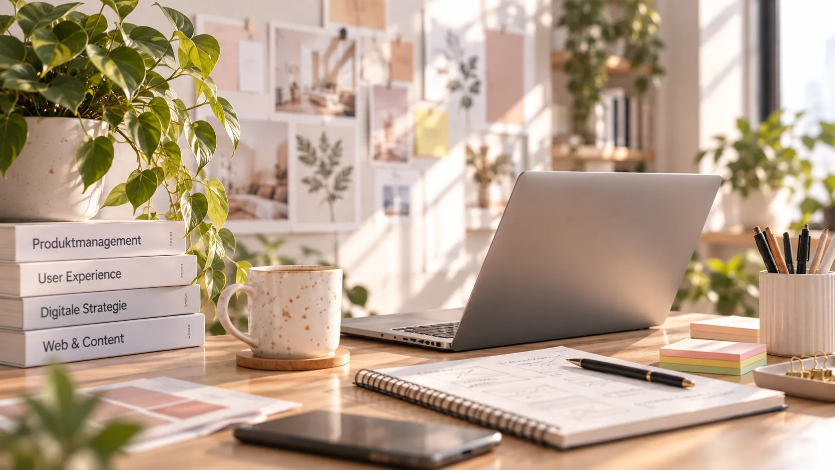 Schreibtisch mit Laptop, Büchern und Notizbuch